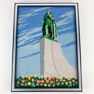 Rare Vintage Leif Erickson Statue Framed Needlepoint Art Wall Hanging Iceland
